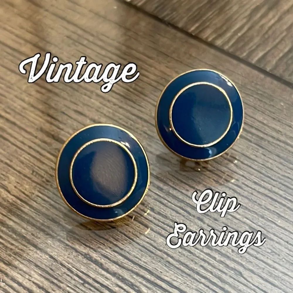 Vintage Enamel Peacock Blue Circular Button Clip Earrings